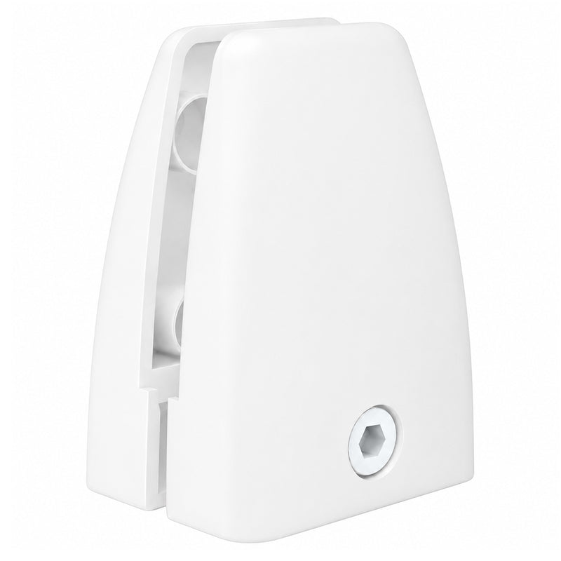 Detailed product view of a Visionchart SANA Type 1 desk screen clamp in matte white, showing the smooth tapered housing, internal screen channel and silver hex fitting against a clean white background.