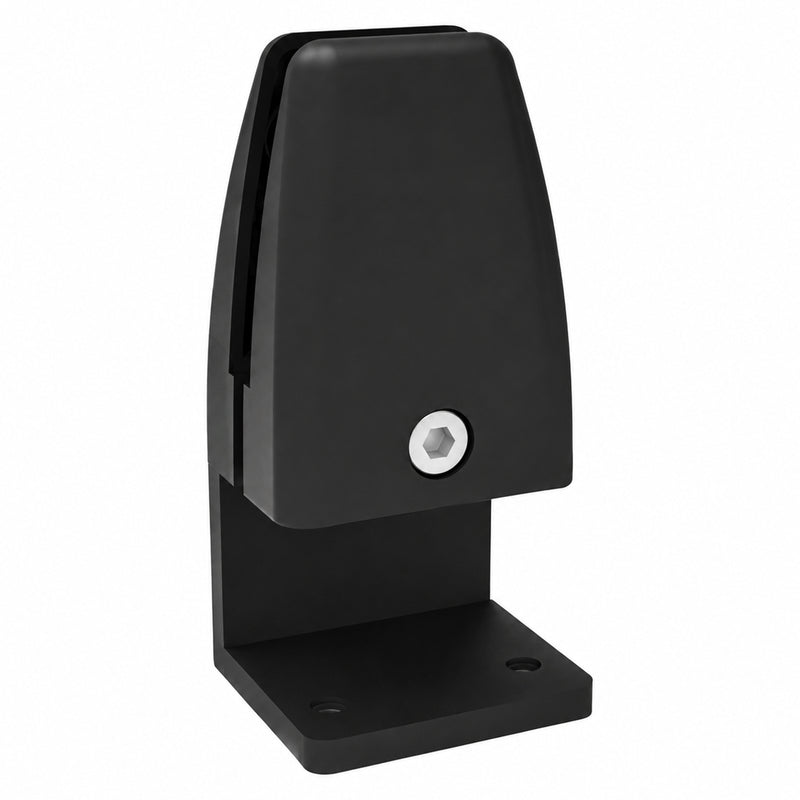 Detailed product view of a Visionchart SANA Type 2 desk screen clamp in matte black, showing the vertical screen channel, silver hex bolt and lower mounting plate with screw holes against a clean white background.