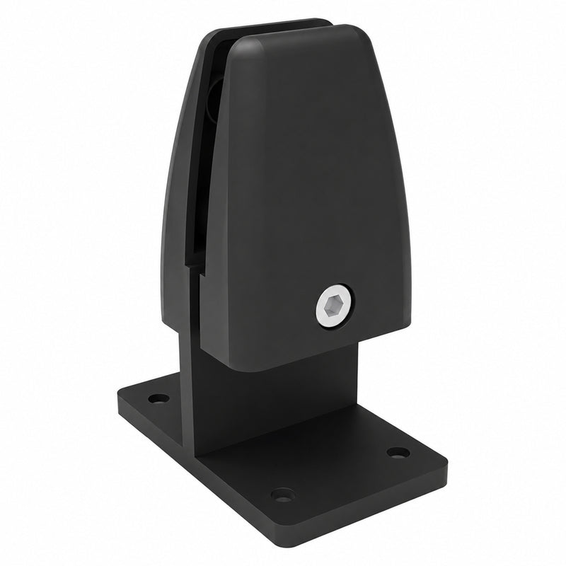 Detailed product view of a Visionchart SANA Type 3 Divide Mount desk screen clamp in matte black, showing the screen channel, silver hex fitting and broad mounting base with fixing holes against a clean white background.