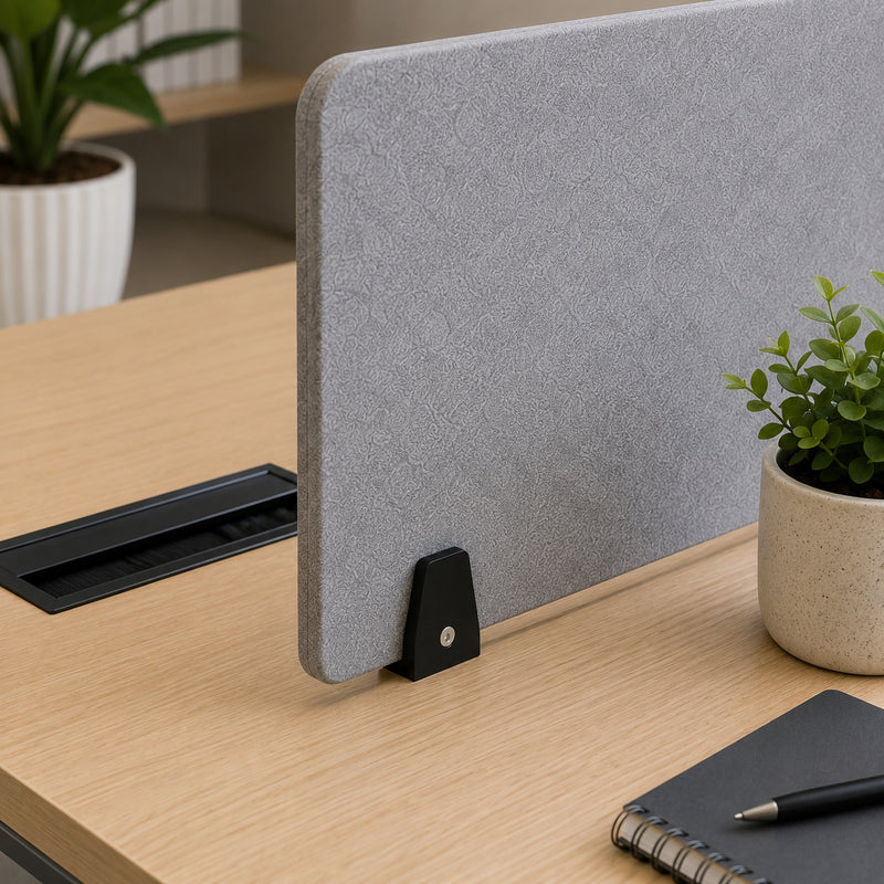 Close up view of a matte black SANA Type 3 divide mount clamp supporting a grey PET acoustic desk screen on a light timber workstation, with cable access, office plant and notebook visible around the organised workspace.