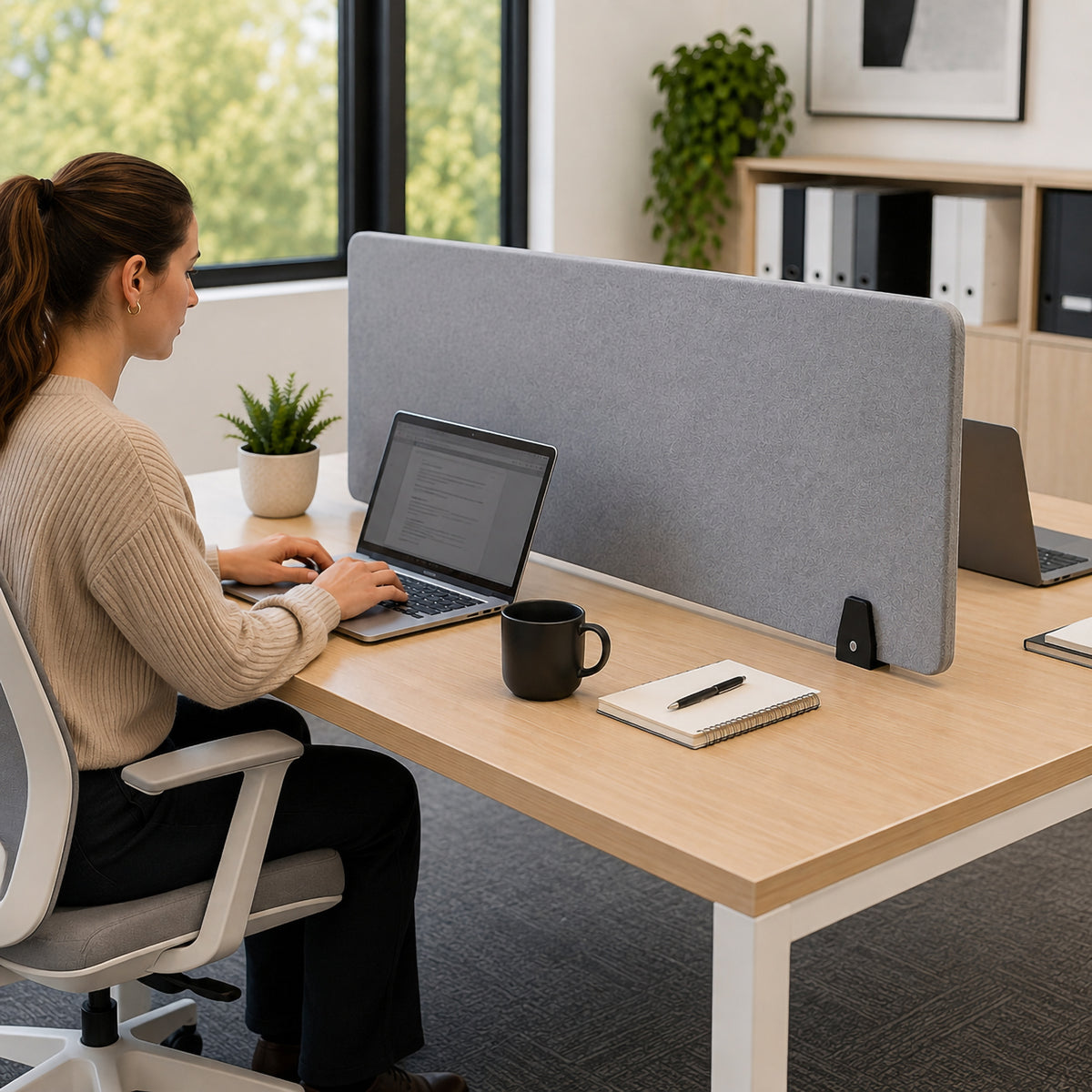 Visionchart SANA Type 3 matte black divide mount clamps securing a grey PET acoustic screen between adjoining timber office desks while a person works on a laptop, demonstrating privacy separation within a modern shared workstation.