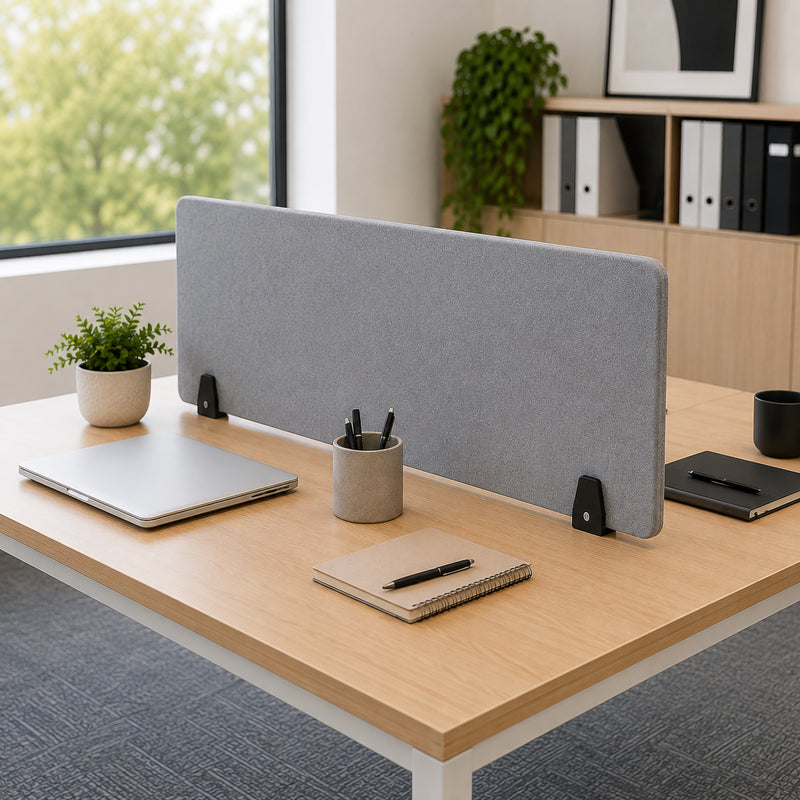 Grey PET acoustic divider screen secured with two Visionchart SANA matte black Type 3 clamps across a spacious timber workstation, surrounded by laptop, stationery, notebook and office accessories in a bright contemporary environment.