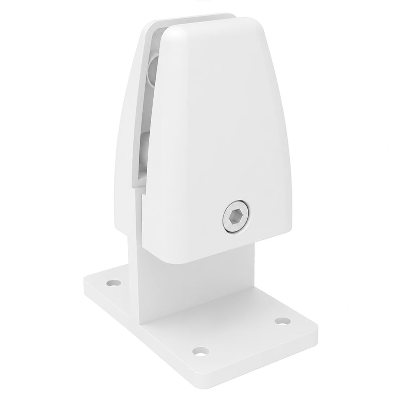 Detailed studio product view of a Visionchart SANA Type 3 Divide Mount desk screen clamp in matte white, showing the screen holding channel, silver hex fitting and mounting base with fixing holes against a clean white background.