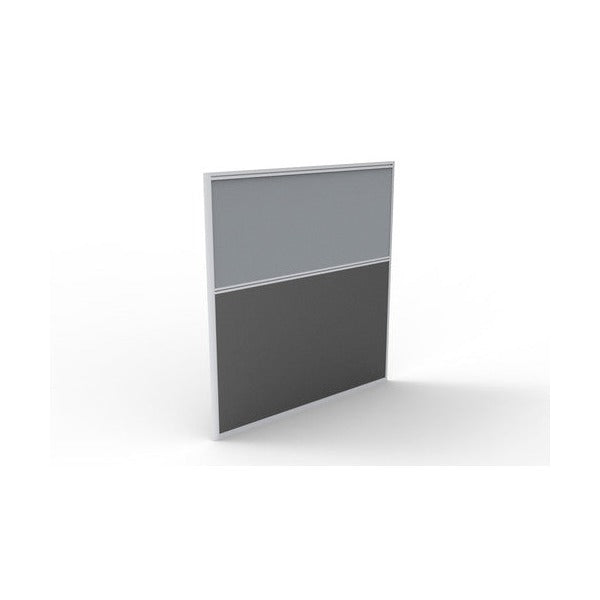 Rapidline Rapid Span grey upholstered screen, front three-quarter view of the pinnable fabric upper and charcoal melamine base