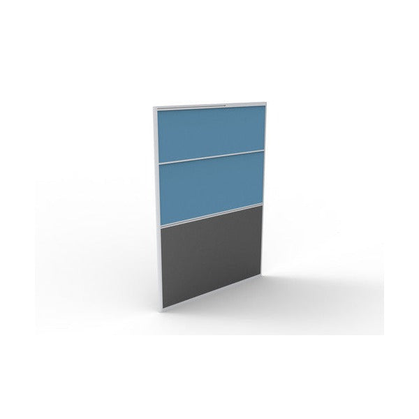 Rapidline Rapid Span blue upholstered screen, front three-quarter view of the pinnable fabric upper and charcoal melamine base