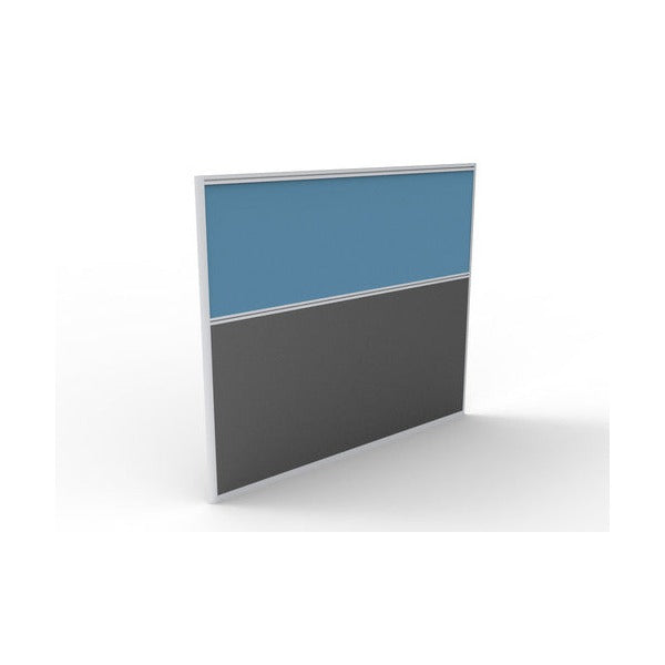 Rapidline Rapid Span blue upholstered screen, front three-quarter view of the pinnable fabric upper and charcoal melamine base