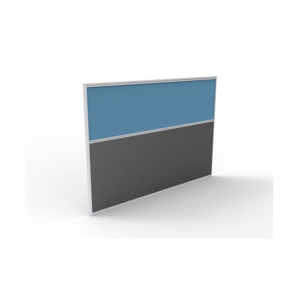 Rapidline Rapid Span blue upholstered screen, front three-quarter view of the pinnable fabric upper and charcoal melamine base