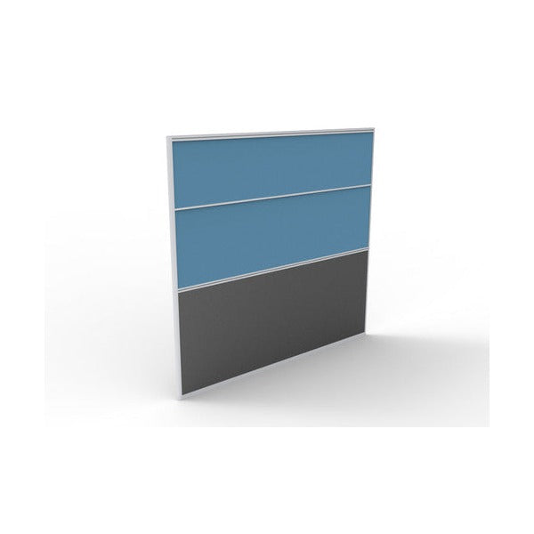 Rapidline Rapid Span blue upholstered screen, front three-quarter view of the pinnable fabric upper and charcoal melamine base