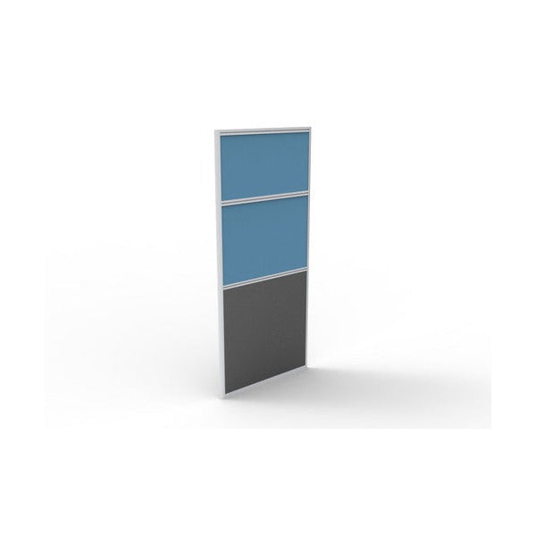 Narrow Rapid Span screen with two blue upholstered panels over a charcoal melamine lower panel, on a white background