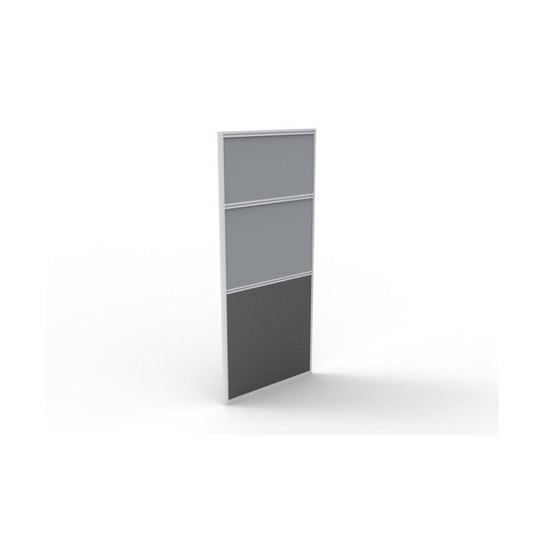 Rapidline Rapid Span grey upholstered screen, front three-quarter view of the pinnable fabric upper and charcoal melamine base