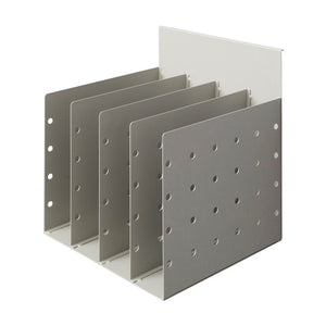 Rapidline Rapid Screen 4 slot document divider in silver grey perforated steel, shown on its own with the mounting lip along the back