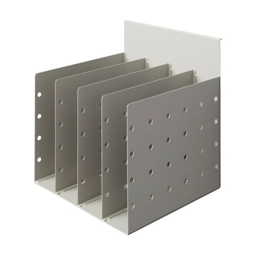 Rapidline Rapid Screen 4 slot document divider in silver grey perforated steel, shown on its own with the mounting lip along the back