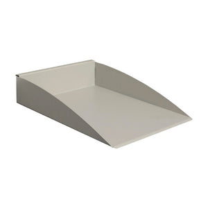 Rapidline Rapid Screen A4 document tray in silver grey steel, an open tray with sloping sides and a mounting lip, shown on its own