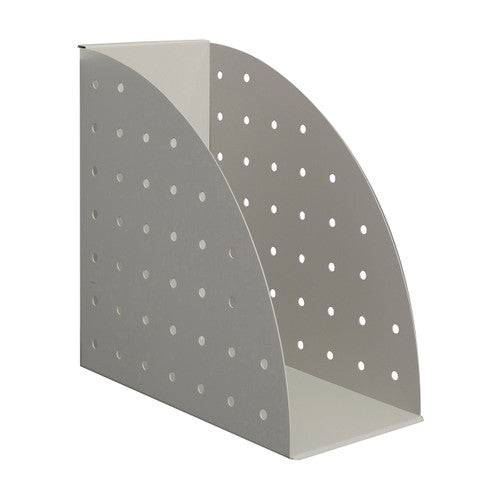 Rapidline Rapid Screen file holder in silver grey perforated steel, a quarter-round side profile with an open front, shown on its own
