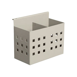 Rapidline Rapid Screen 2 slot pen holder in silver grey steel with square perforations and a hook lip, shown on its own