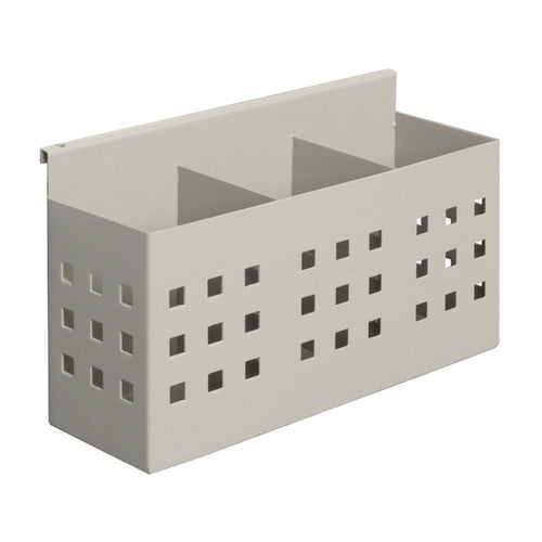 Rapidline Rapid Screen 3 slot pen holder in silver grey steel with square perforations and a hook lip, shown on its own