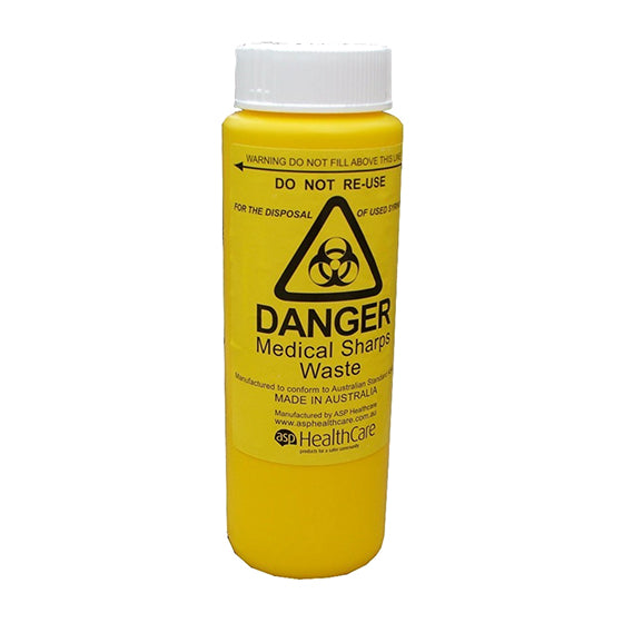 AEROHAZARD Sharps Disposal Container 250mL showing compact puncture-resistant sharps waste container for safe needle disposal