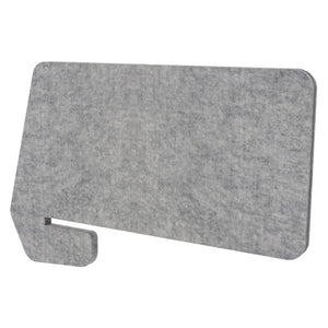 Rapidline slide over desk screen in marble grey polyester fibre, angled view showing the desk slot that slides onto the worktop