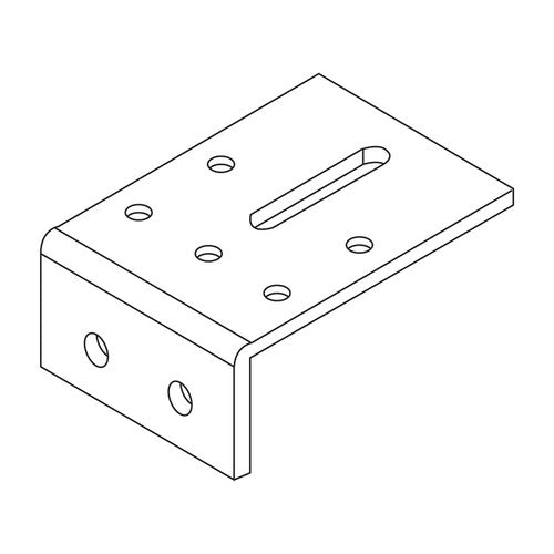 Line drawing of a Rapidline Shush30 Plus double screen fixing bracket: a wide plate with a long slot and screw holes, folded down into a tab with two bolt holes.