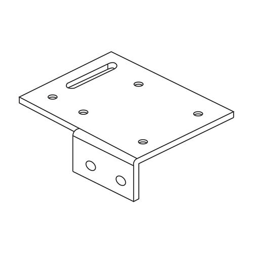 Line drawing of a Rapidline Shush30 Plus single screen fixing bracket: a flat plate with a long slot and screw holes, bent down at one end into a tab with two bolt holes.
