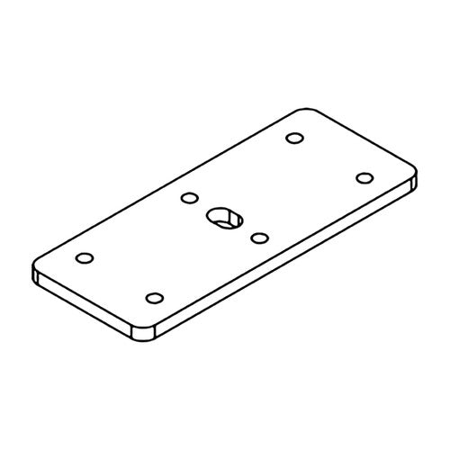 Line drawing of a Rapidline Shush30 screw plate, a flat plate with rounded corners, screw holes and a centre bolt hole.