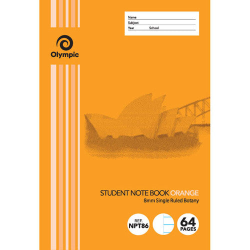 Olympic NSW Student Notebook Single Ruled 8mm Orange 250 x 175mm Box of 20