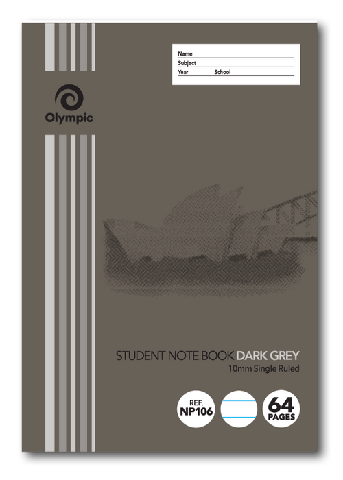 Olympic NSW Student Notebook Single Ruled 10mm Dark Grey 250 x 175mm Box of 20