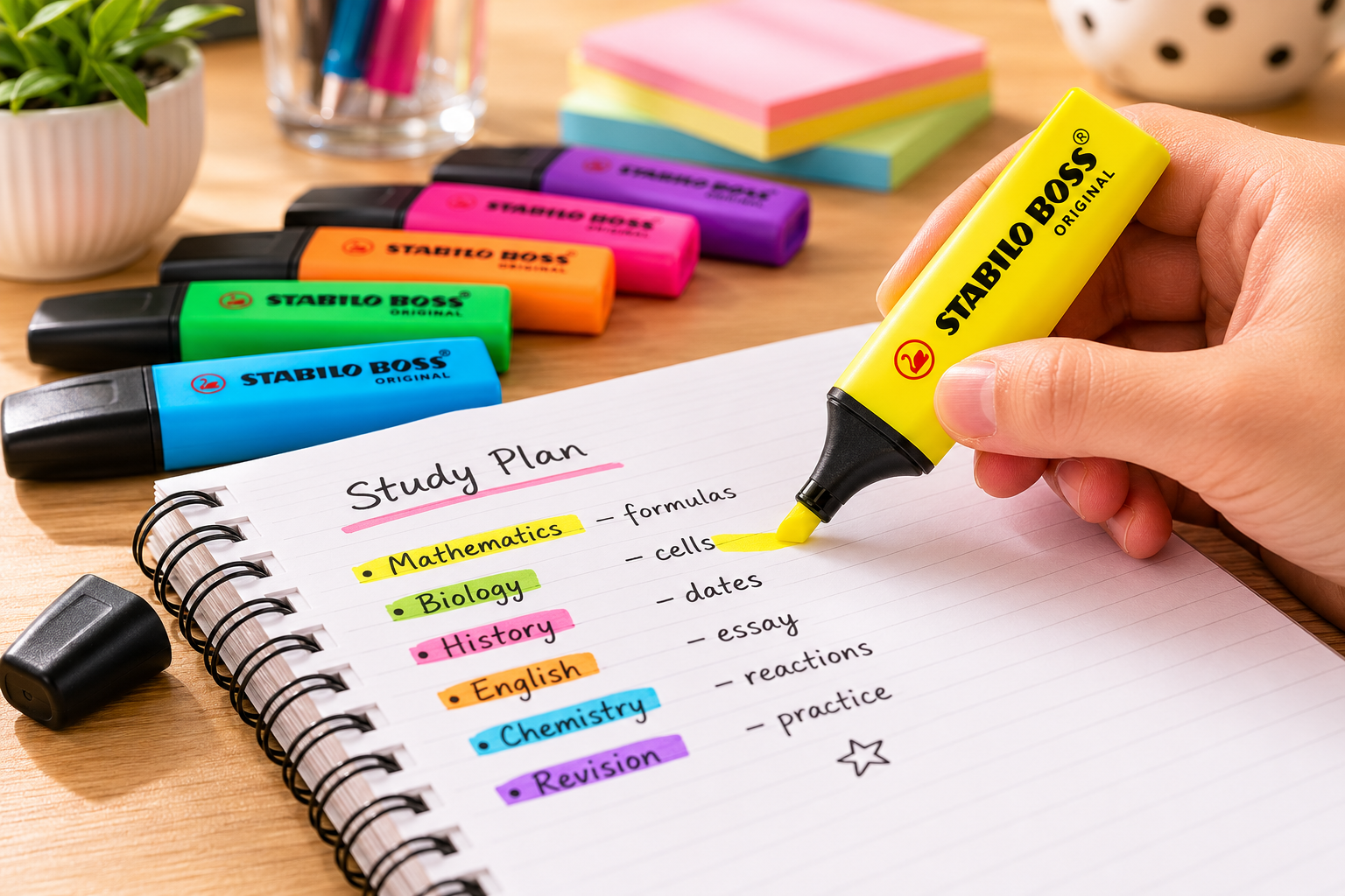     Lifestyle image of a yellow STABILO BOSS Original highlighter being used to highlight text in an open book on a tidy study desk.