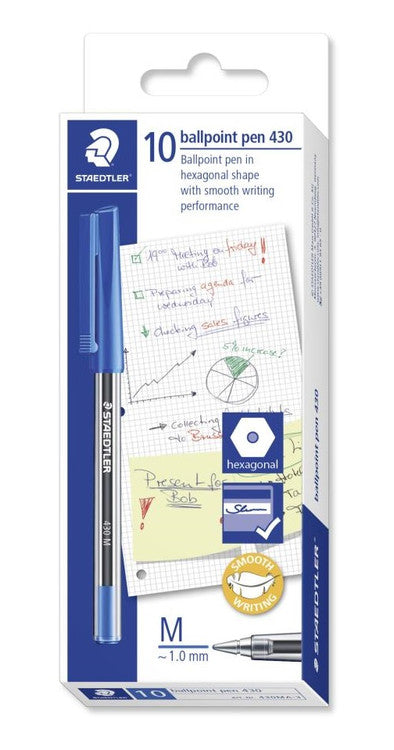 Staedtler Stick 430MA-3 blue medium ballpoint pens box of 10 showing standard everyday blue writing pen in individual desk supply box format