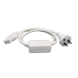 Coiled white Rapidline 3 pin starter lead with the plug at one end, an inline housing along the cable and the tag coupler at the other end.