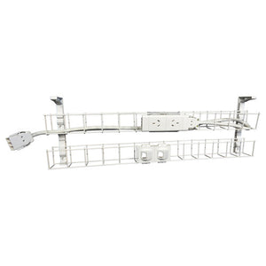 Rapidline Rapid Wiring dual tier cable basket in white, with a white power module on the upper tier and white data modules on the lower tier