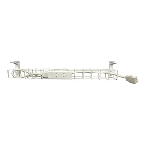 Rapidline single tier cable basket kit in white with a 2 GPO power module and tag lead routed through the wire tray and two mounting brackets