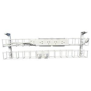 Rapidline Rapid Wiring dual tier cable basket in white, with a white power module on the upper tier and white data modules on the lower tier