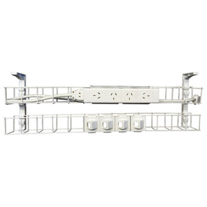 Rapidline Rapid Wiring dual tier cable basket in white, with a white power module on the upper tier and white data modules on the lower tier
