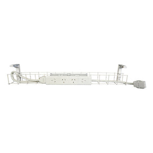 Rapidline single tier cable basket kit in white with a 4 GPO power module and tag lead routed through the wire tray and two mounting brackets