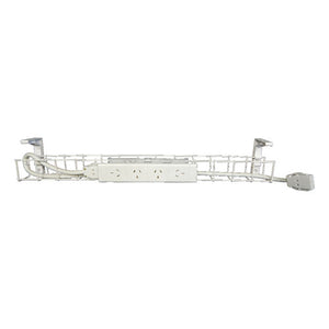 Rapidline single tier cable basket kit in white with a 4 GPO power module and tag lead routed through the wire tray and two mounting brackets