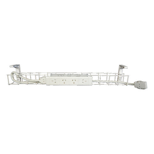 Rapidline single tier cable basket kit in white with a 4 GPO power module and tag lead routed through the wire tray and two mounting brackets