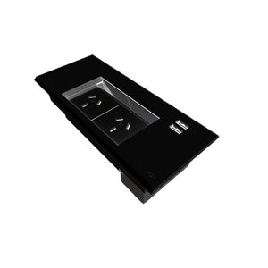 Rapidline Rapid Wiring flip box in black showing 2 GPO outlets and 2 USB-A ports on the face of the unit