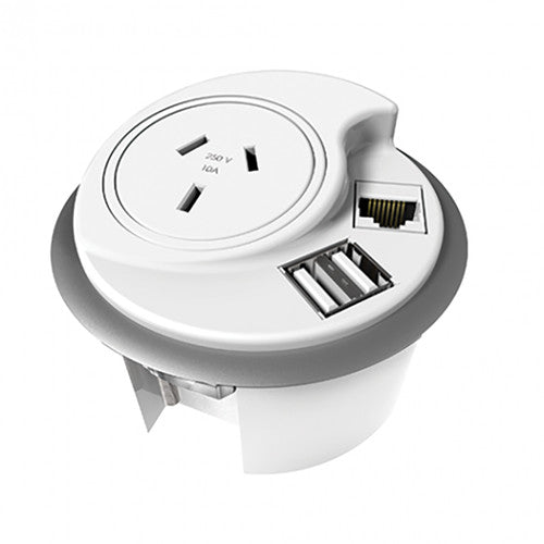 Rapidline In Desk Module Kit 1 GPO 1 Data Provision 2 USB 1500mm 3 Pin Plug White