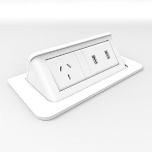Rapidline pop-up in desk power module in white, raised open to show 1 GPO and 2 USB-A ports above the flush desk plate