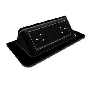 Rapidline pop-up in desk power module in black, raised open to show 2 GPO outlets above the flush desk plate