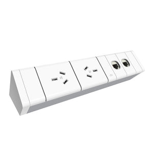 Rapidline Athena power rail kit in white showing 2 GPO outlets and 2 data provisions on the face of the unit