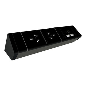 Rapidline Athena power rail kit in black showing 2 GPO outlets and 2 USB-A ports on the face of the unit