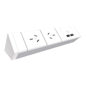 Rapidline Athena power rail kit in white showing 2 GPO outlets and 2 USB-A ports on the face of the unit