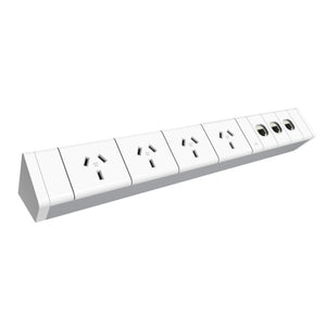 Rapidline Athena power rail kit in white showing 4 GPO outlets and 3 data provisions on the face of the unit