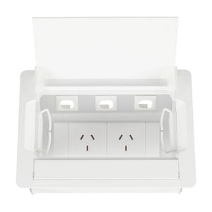 Rapidline Rapid Wiring white boardroom table box with the lid raised, showing 3 data provisions above 2 GPO outlets