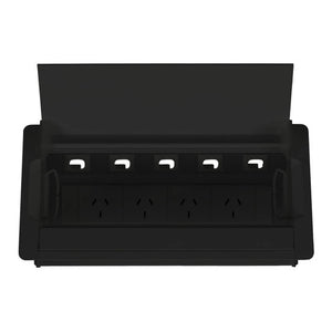 Rapidline Rapid Wiring black boardroom table box with the lid raised, showing 5 data provisions above 4 GPO outlets