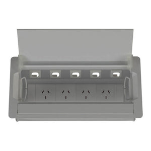 Rapidline Rapid Wiring silver boardroom table box with the lid raised, showing 5 data provisions above 4 GPO outlets