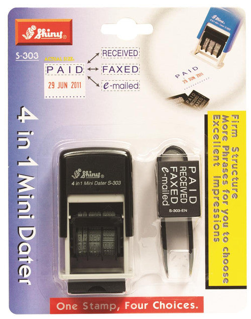 Staedtler Shiny Self-Inking 4-in-1 Mini Date Stamp Blistercard Black Text Red Date 9S303BK