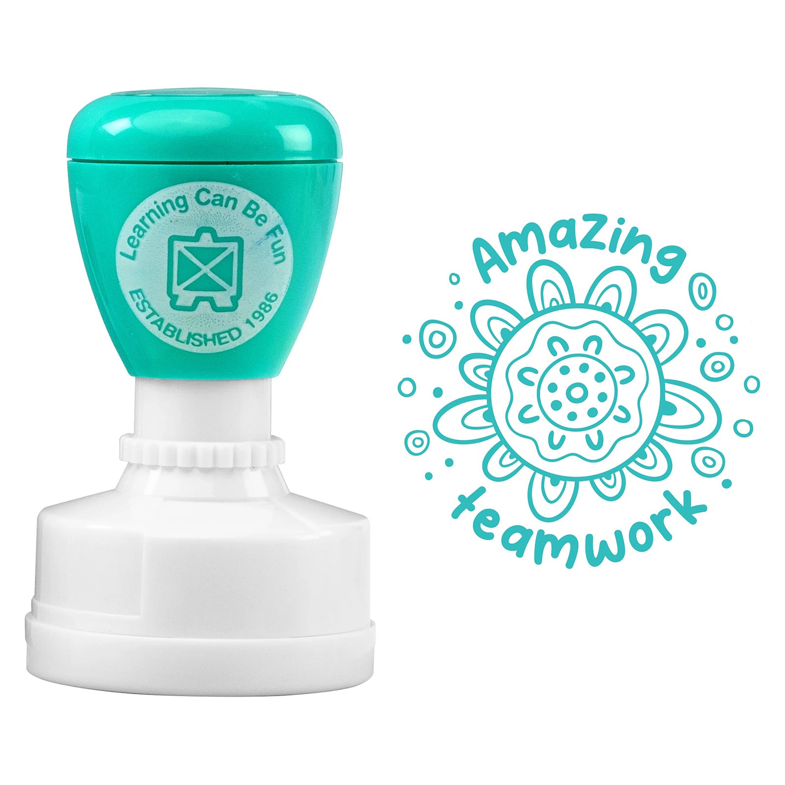 Isolated product image showing the turquoise self inking stamp alongside the complete Meeting Place artwork impression. The detailed cultural design and encouraging teamwork message are clearly visible for product reference.